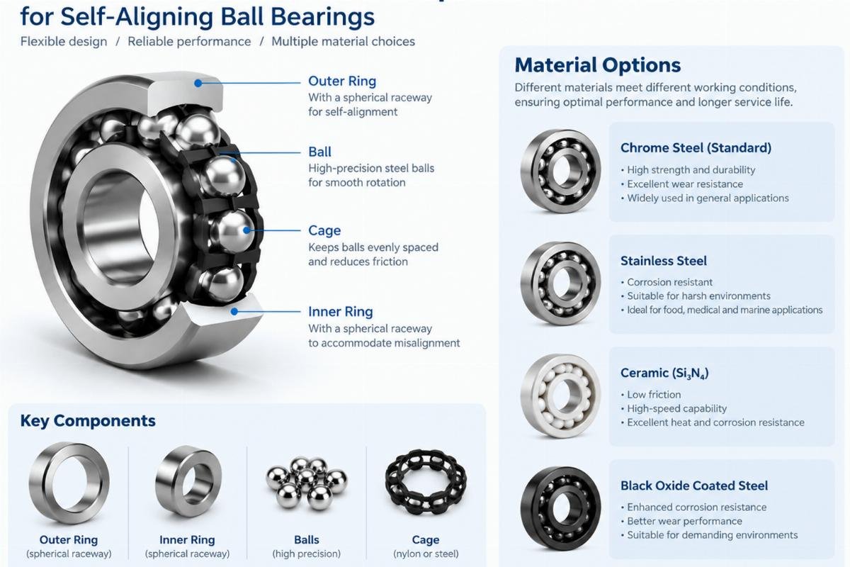 Internal structure and material options for self-aligning ball bearings