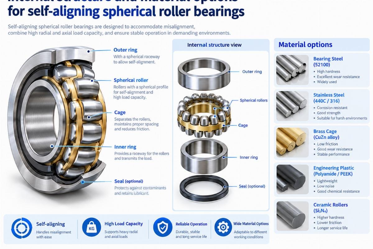 Internal structure and material options for self-aligning spherical roller bearings