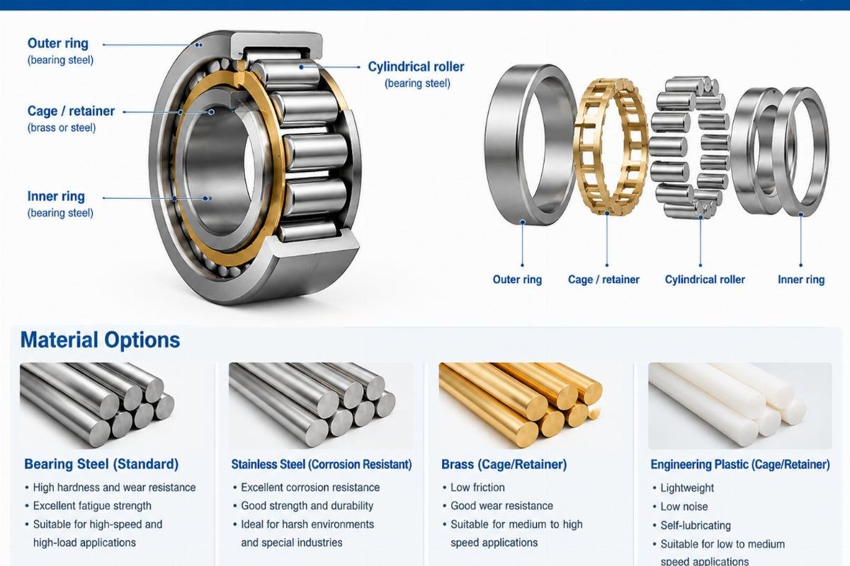 Internal structure and material options for transmission cylindrical roller bearings