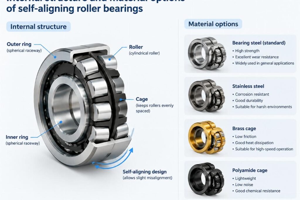 Internal structure and material options of self-aligning roller bearings