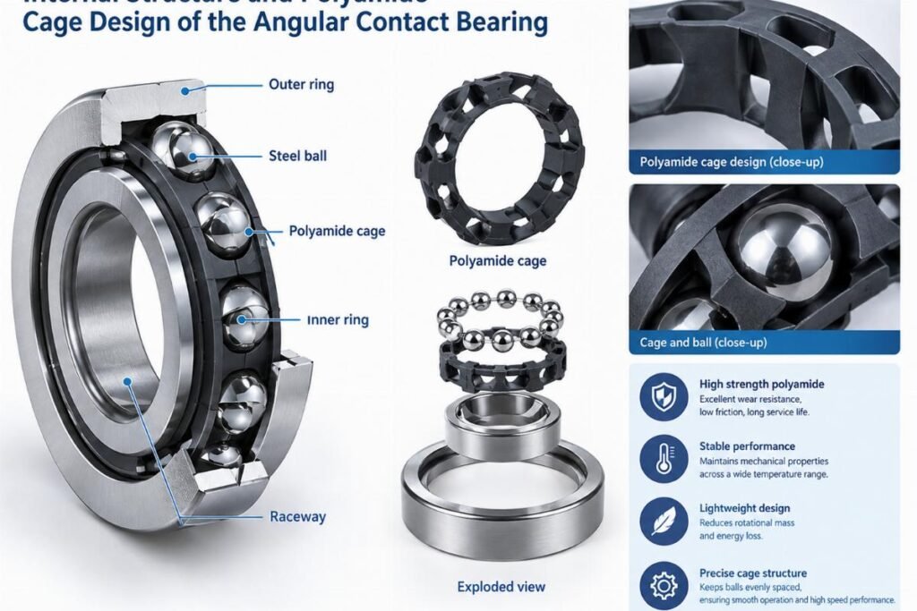 Internal structure and polyamide cage design of the angular contact bearing