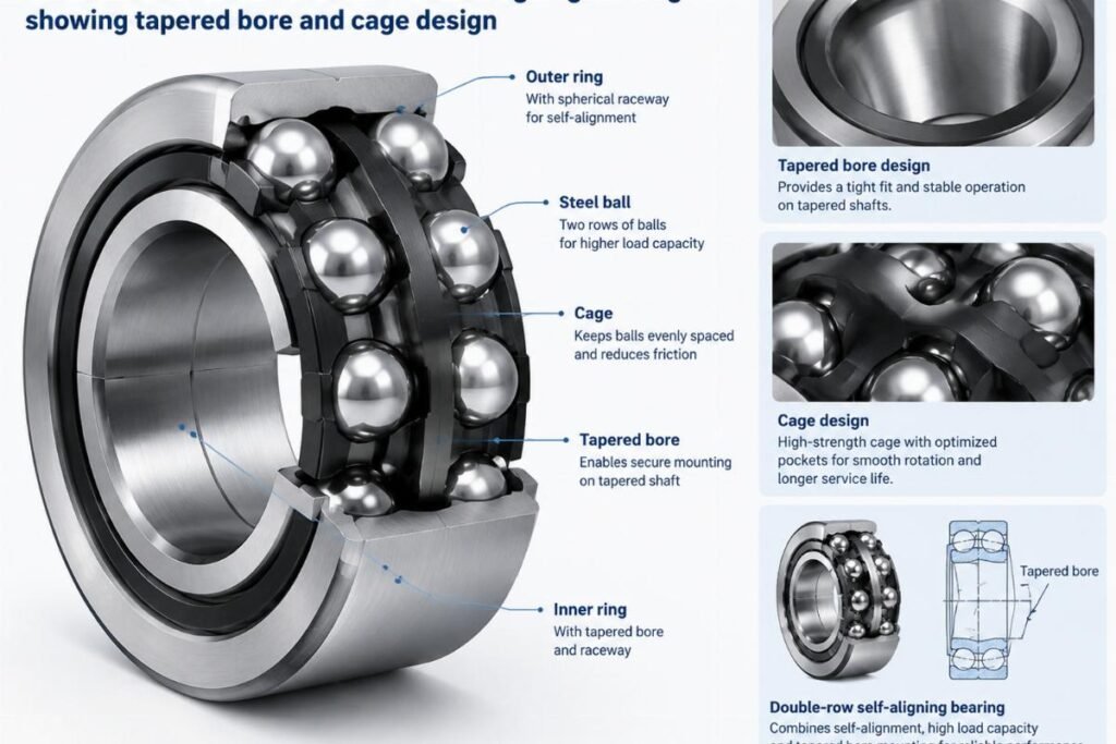 Internal structure of double-row self-aligning bearing showing tapered bore and cage design