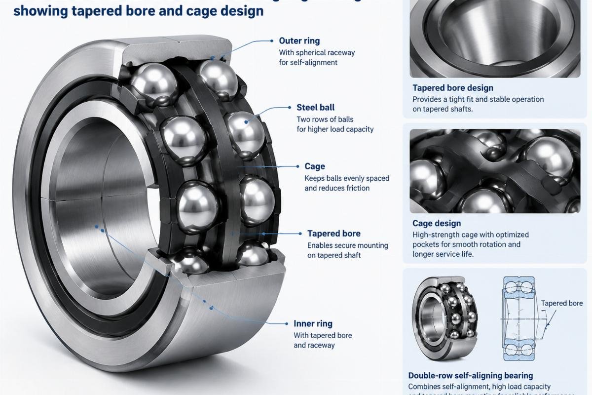 Internal structure of double-row self-aligning bearing showing tapered bore and cage design