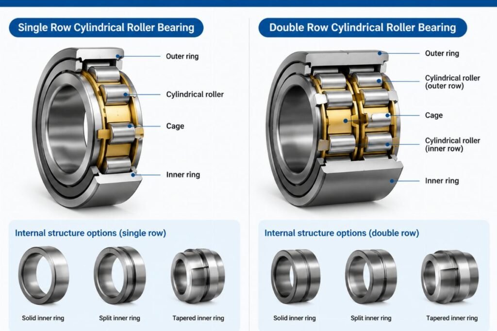 Internal structure options for single and double row cylindrical roller bearings