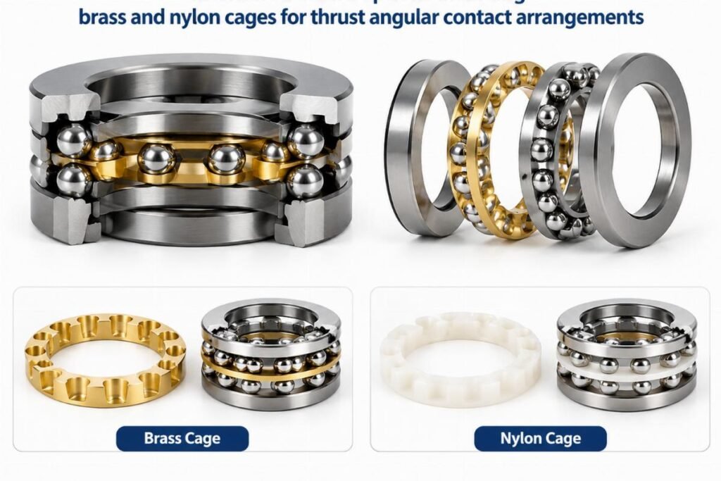 Internal structure options including brass and nylon cages for thrust angular contact arrangements