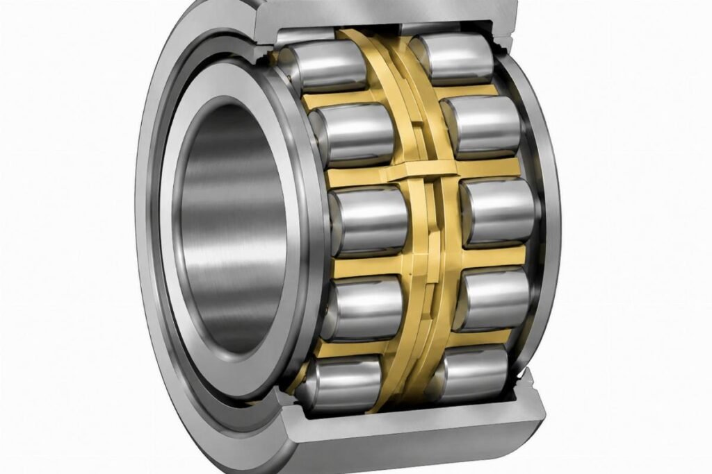 Internal structure showing double-row rolling elements and brass cage