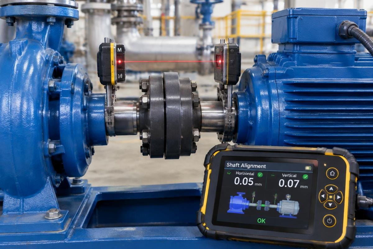 Laser alignment tool measuring shaft alignment on an industrial pump