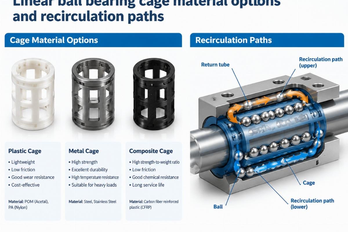Linear ball bearing cage material options and recirculation paths