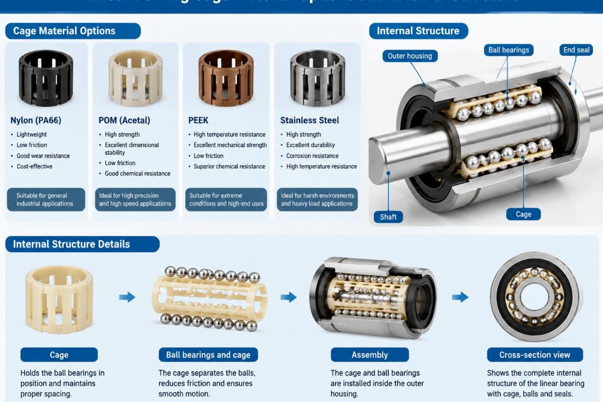 Linear bearing cage material options and internal structure