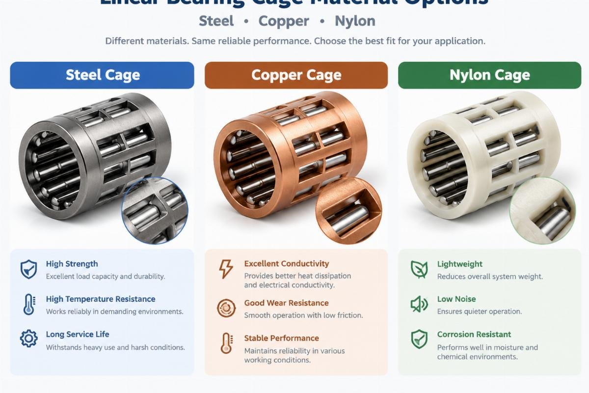 Linear bearing cage material options including steel, copper, and nylon variants