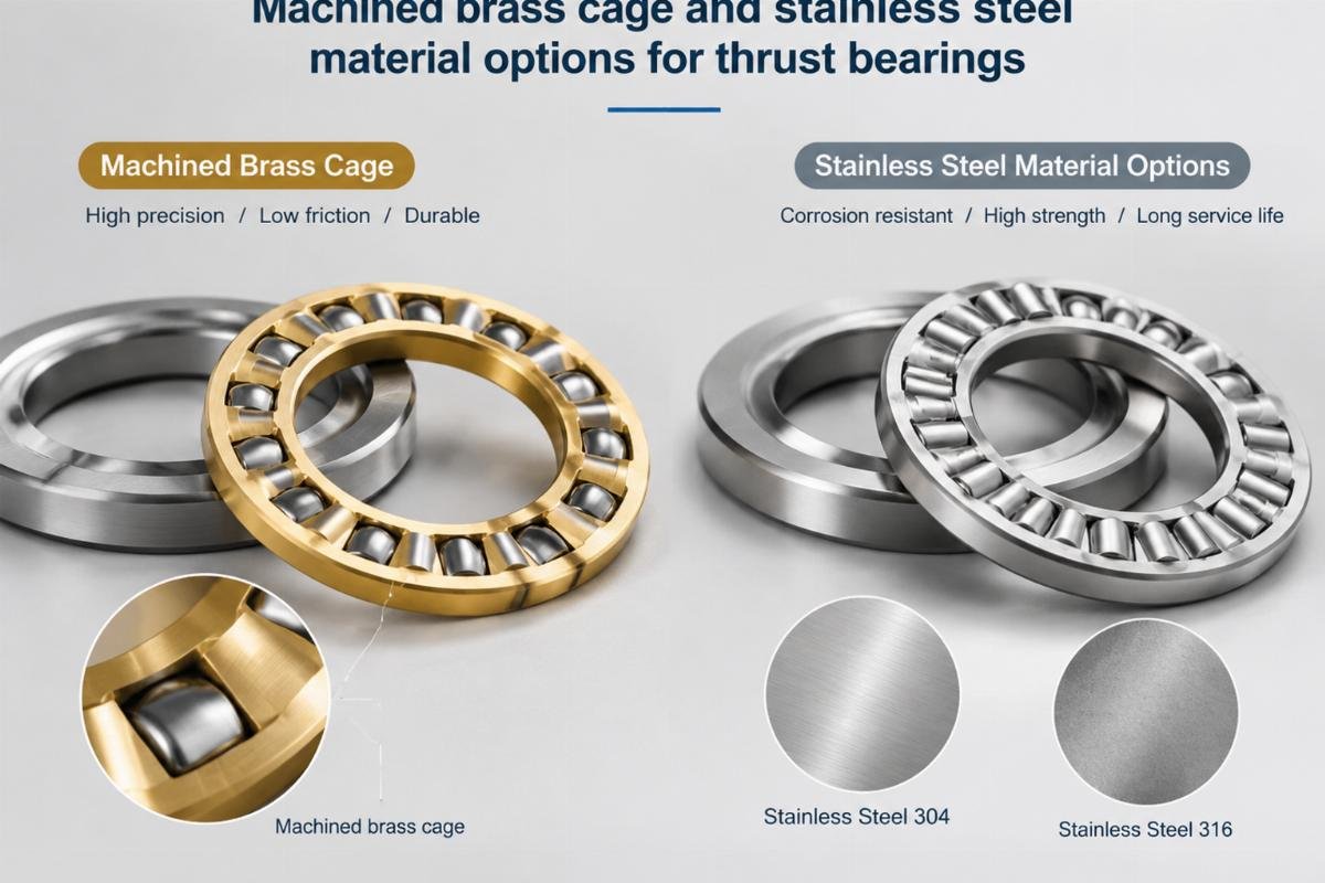 Machined brass cage and stainless steel material options for thrust bearings