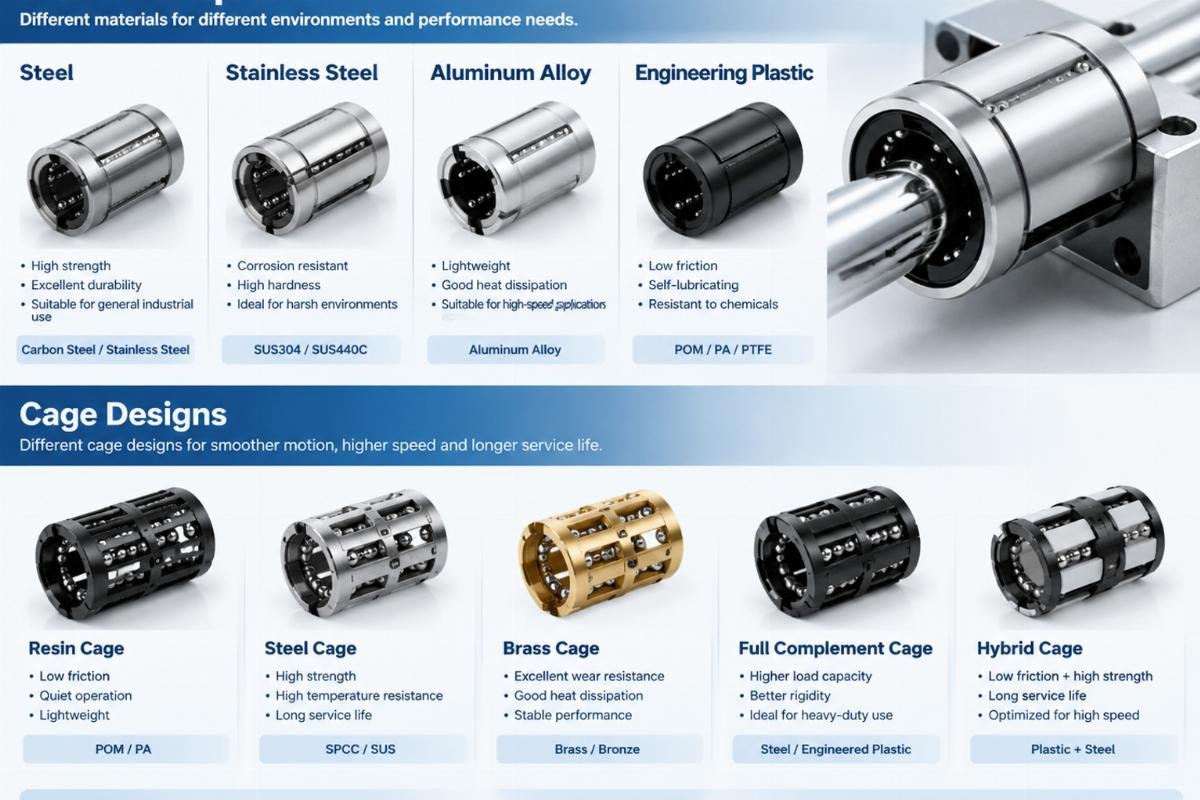 Material options and cage designs for linear motion bearings