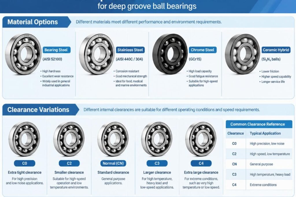Material options and clearance variations for deep groove ball bearings