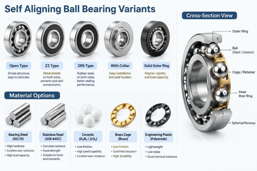 Material options and cross-section of self aligning ball bearing variants