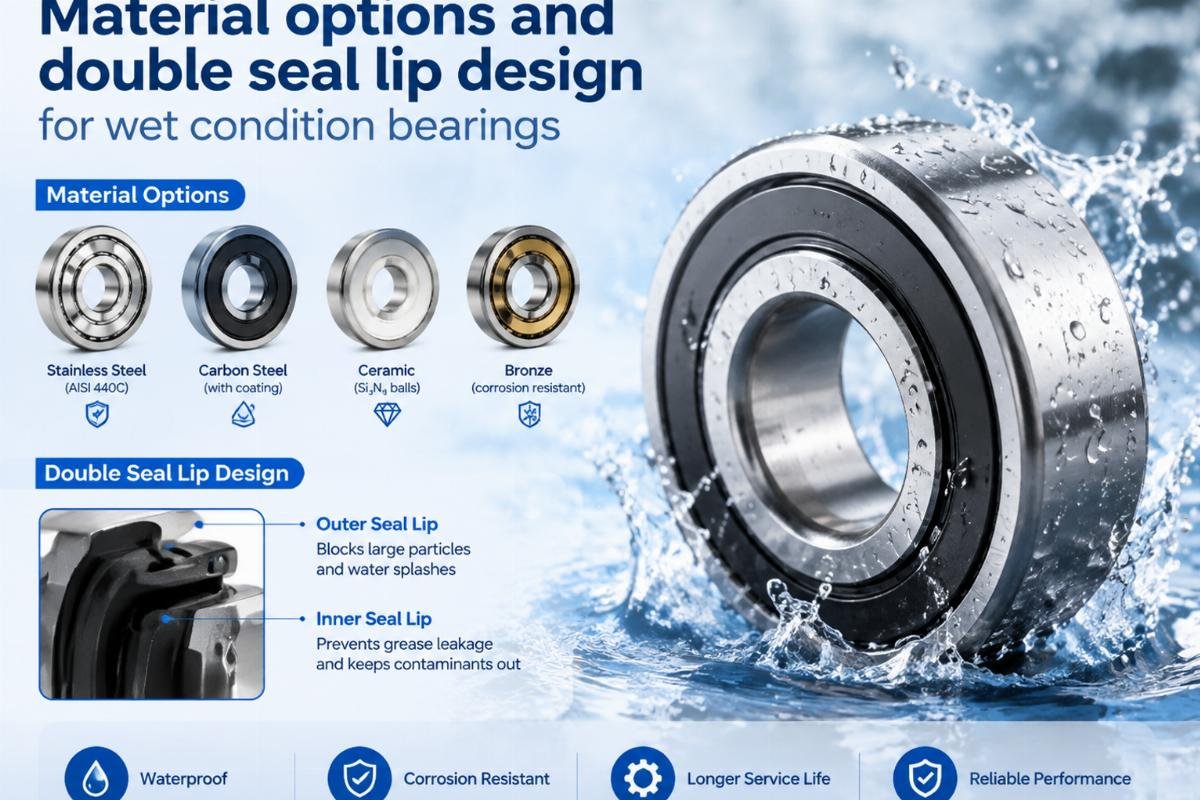 Material options and double seal lip design for wet condition bearings