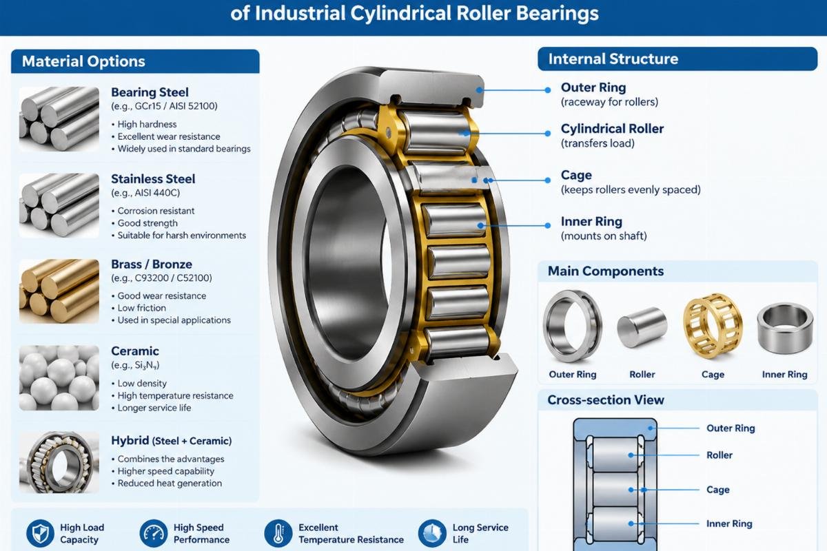 Material options and internal structure of industrial cylindrical roller bearings