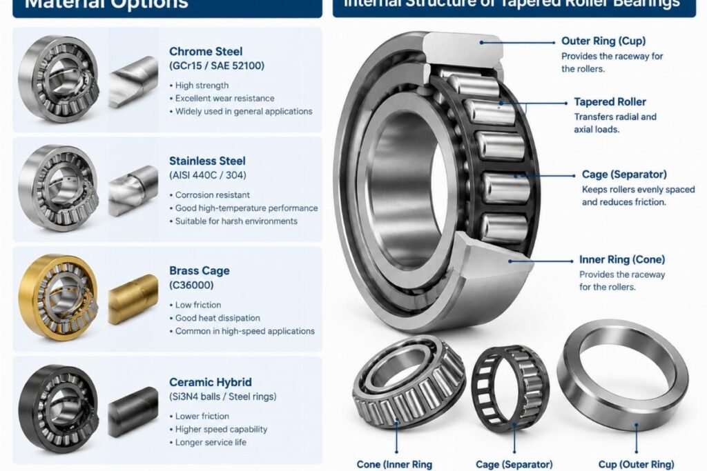 material options and internal structure of tapered roller bearings