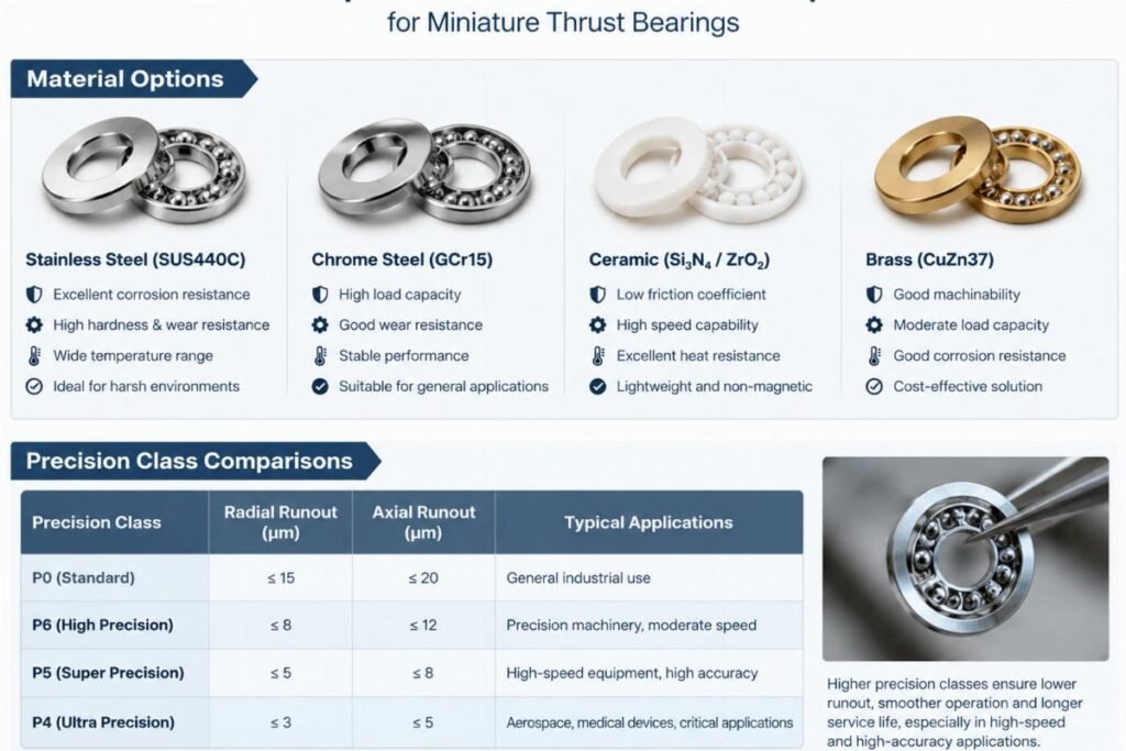 Material options and precision class comparisons for miniature thrust bearings