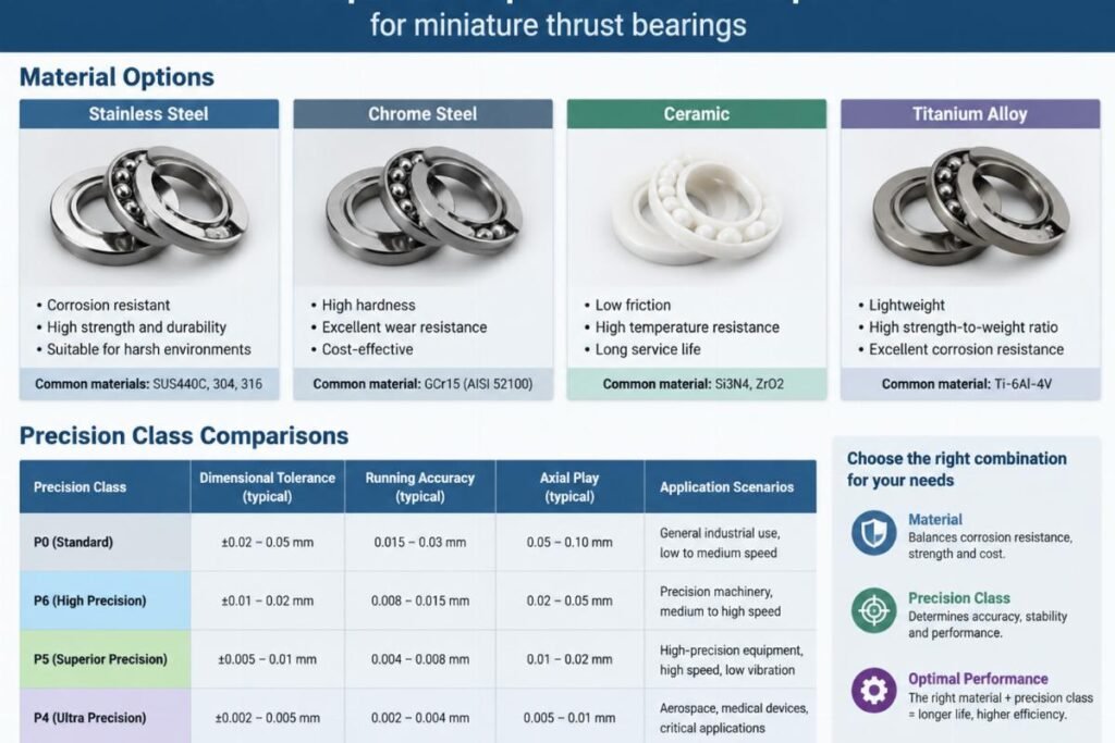 Material options and precision class comparisons for miniature thrust bearings