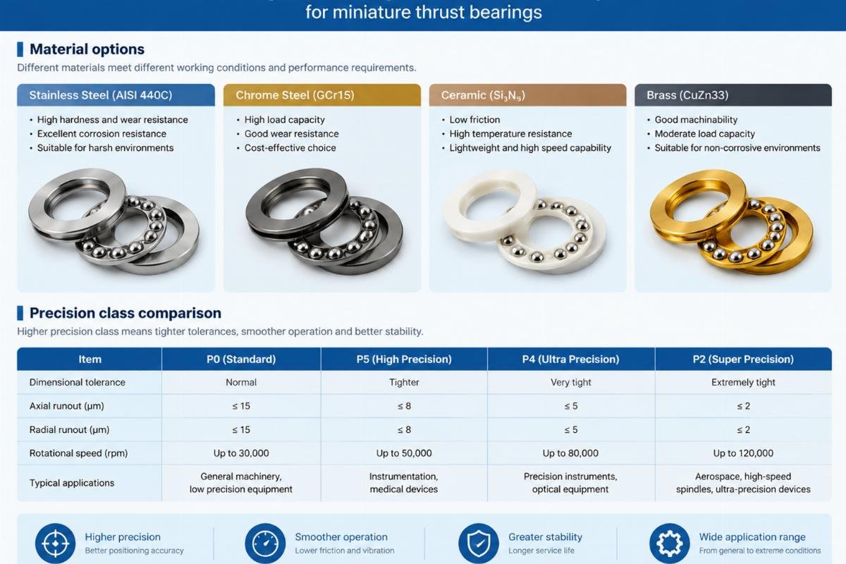 Material options and precision class comparisons for miniature thrust bearings