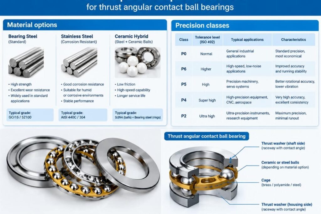 Material options and precision classes for thrust angular contact ball bearings