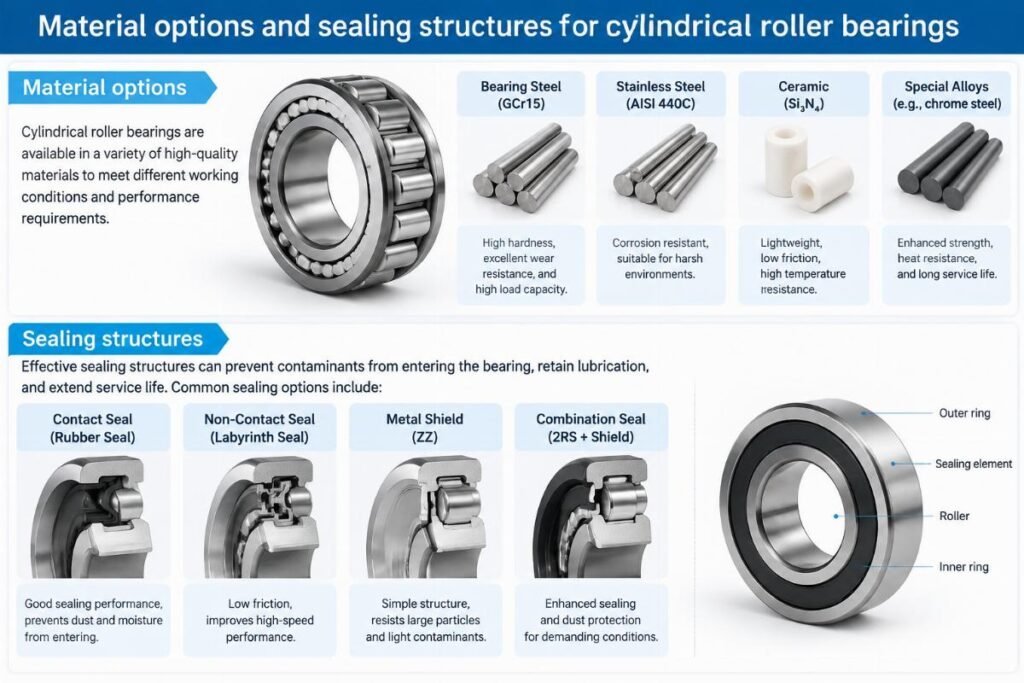 Material options and sealing structures for cylindrical roller bearings
