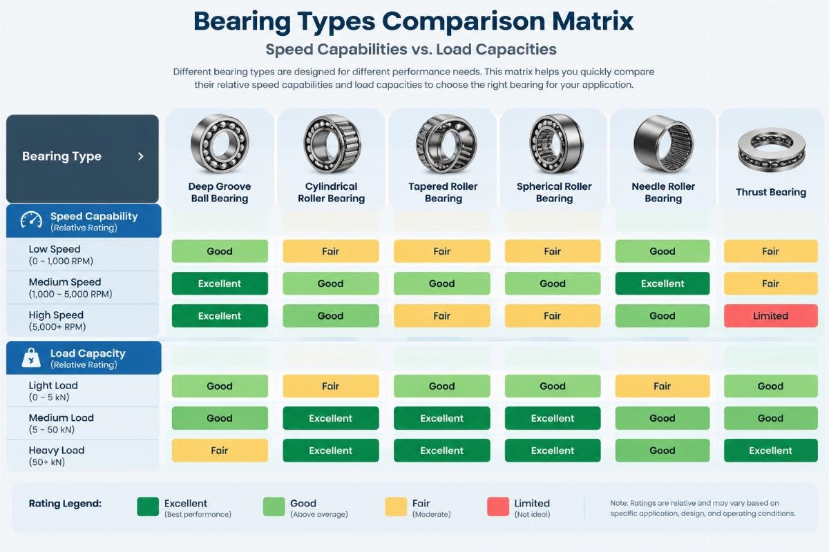 Matrix comparing different bearing types based on their speed capabilities and load capacities