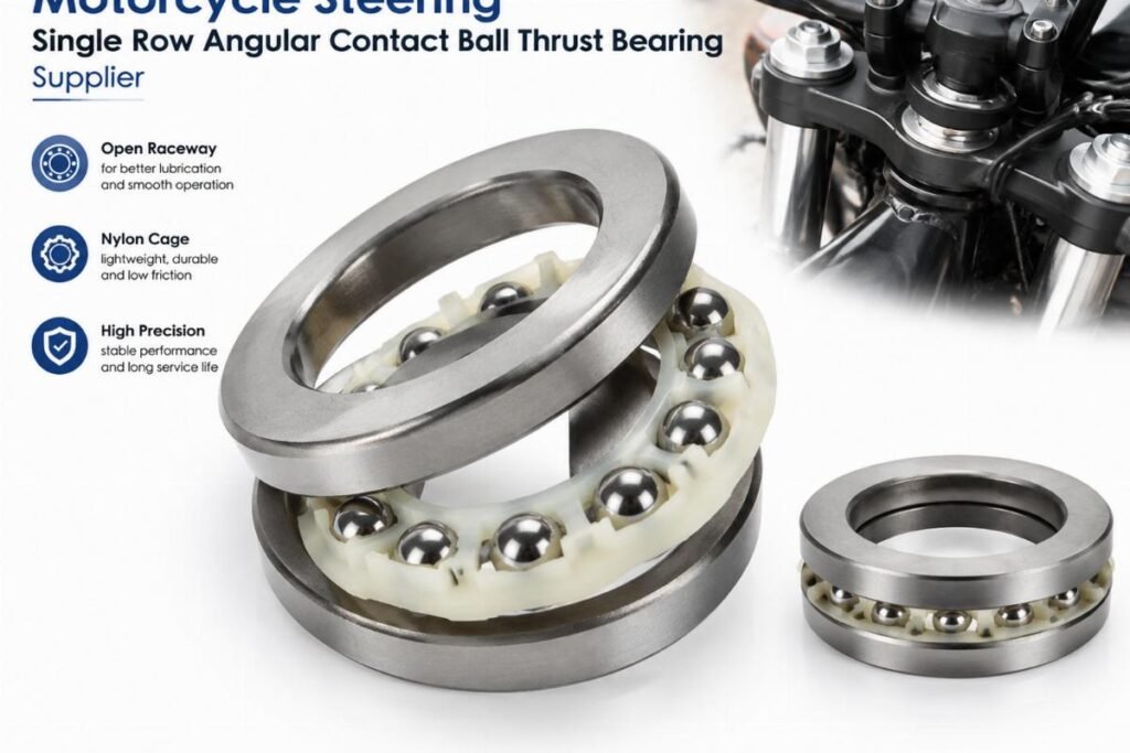 Motorcycle steering single row angular contact ball thrust bearing supplier showing open raceway and nylon cage