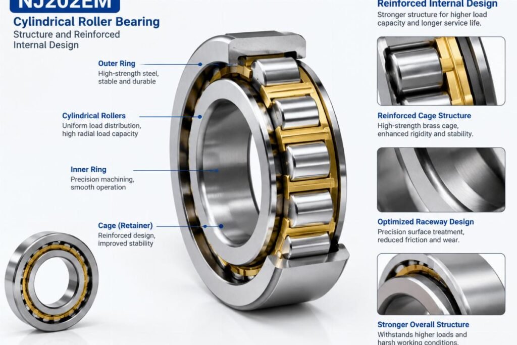Nj202em cylindrical roller bearing structure and reinforced internal design