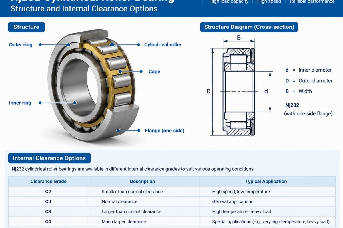 Nj232 cylindrical roller bearing structure and internal clearance options