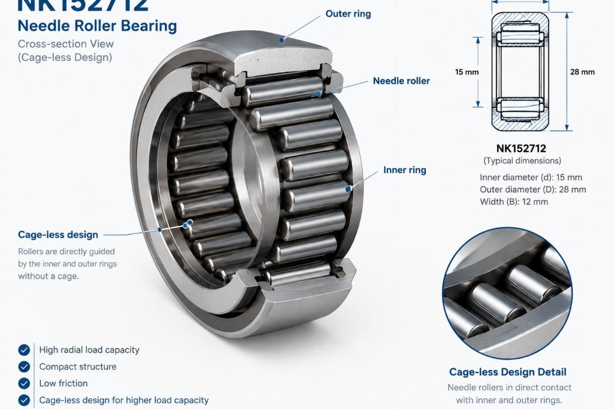 Nk152712 needle roller bearing cross-section showing cage-less design