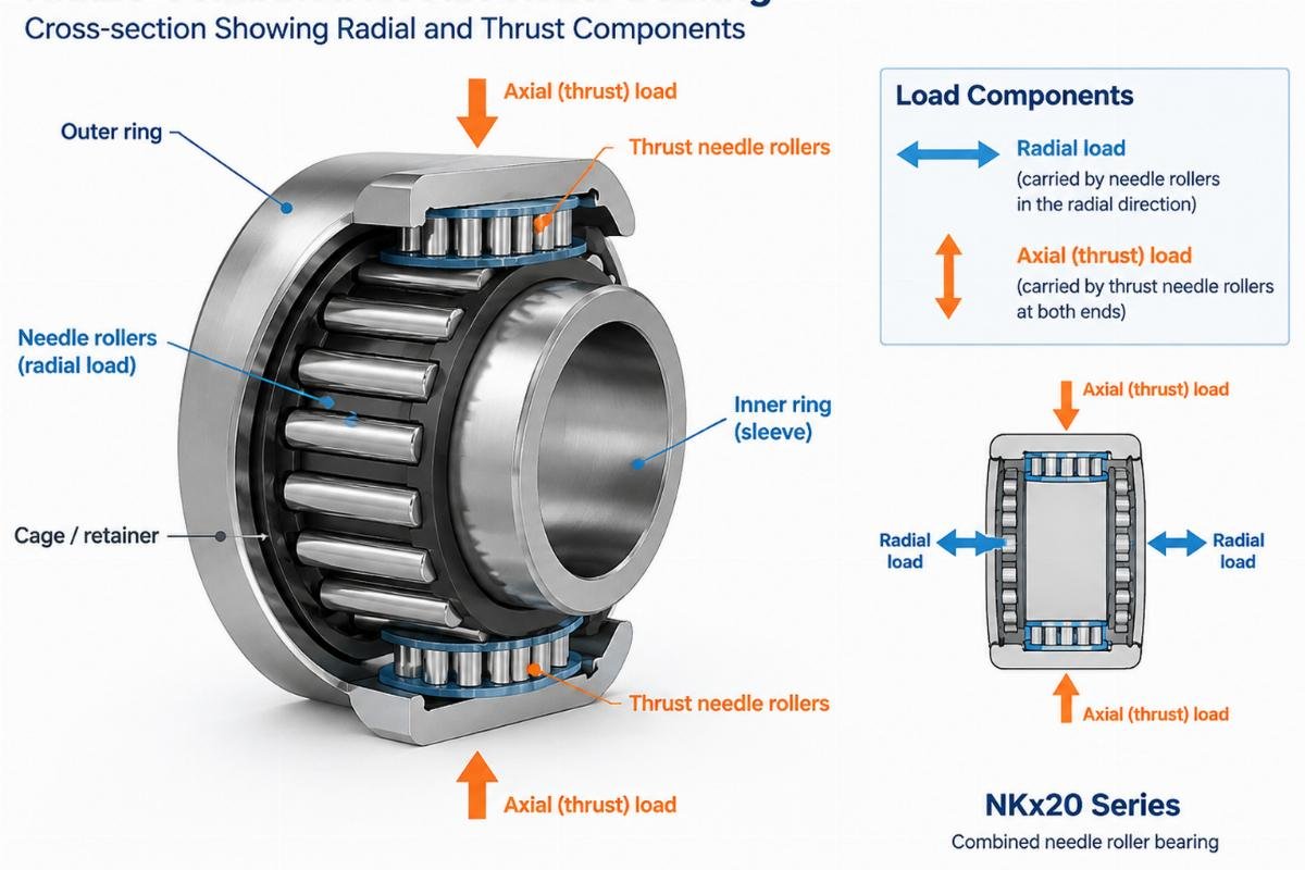 Nkx20 combined needle roller bearing cross-section showing radial and thrust components
