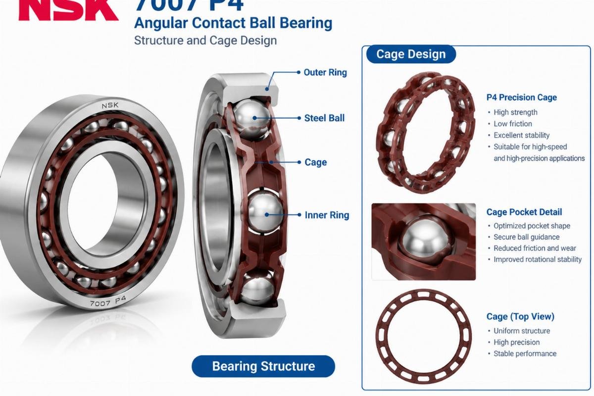 NSK 7007 P4 angular contact ball bearing structure and cage design