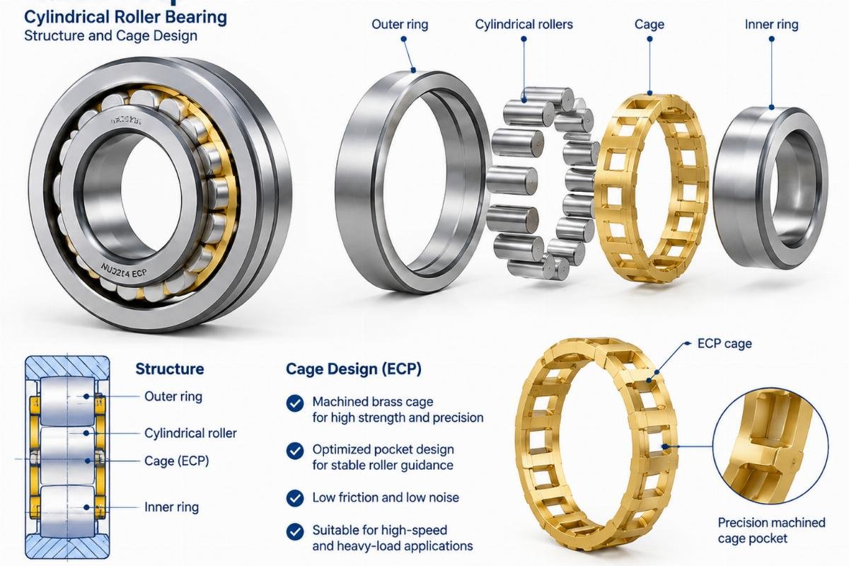 Nu2214 Ecp cylindrical roller bearing structure and cage design
