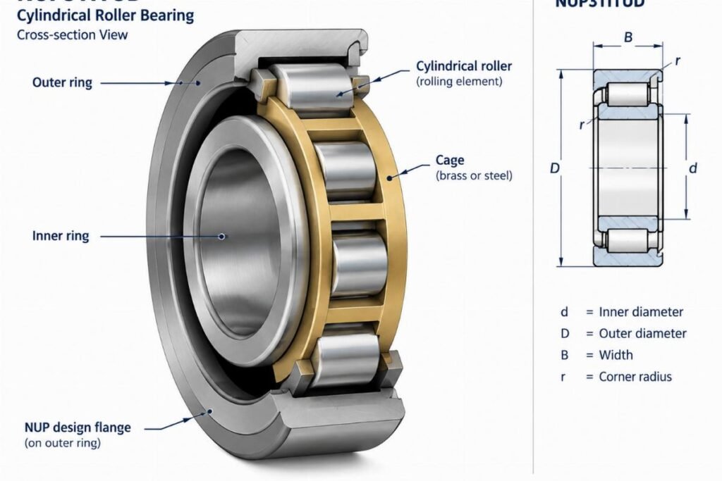 Nup311tud cylindrical roller bearing cross-section showing roller and cage assembly