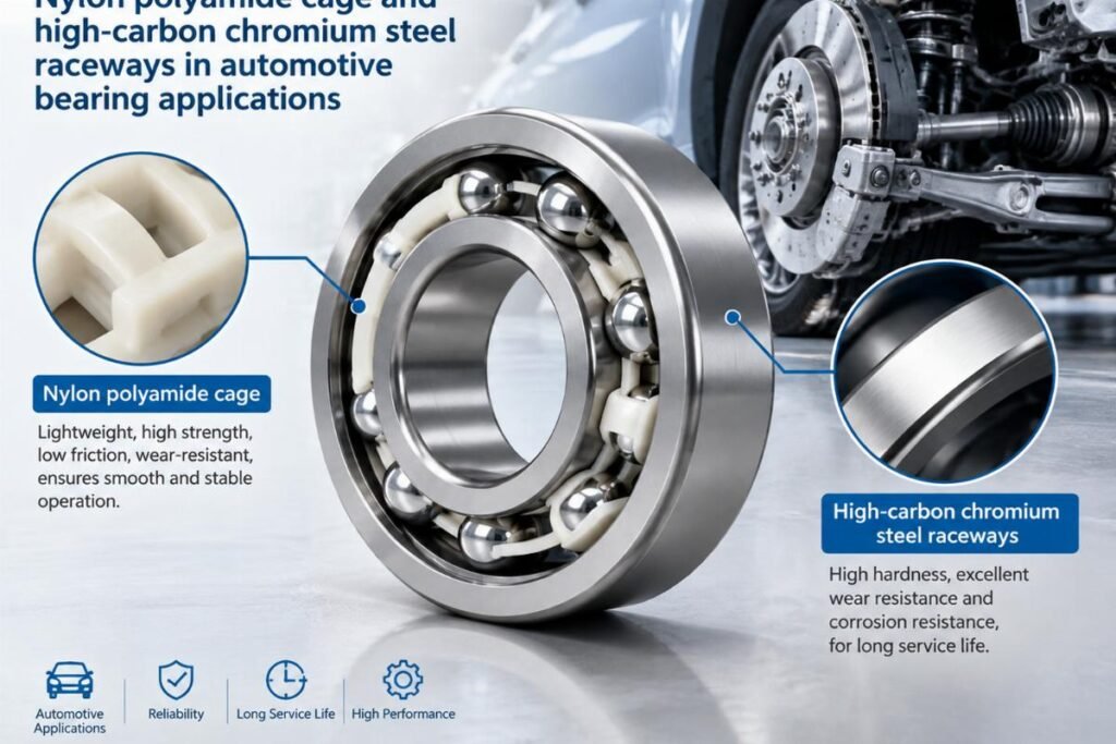 Nylon polyamide cage and high-carbon chromium steel raceways in automotive bearing applications