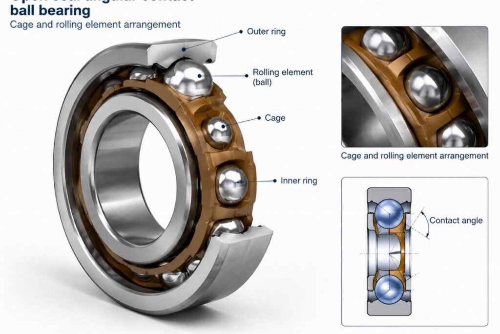Open seal angular contact ball bearing cage and rolling element arrangement