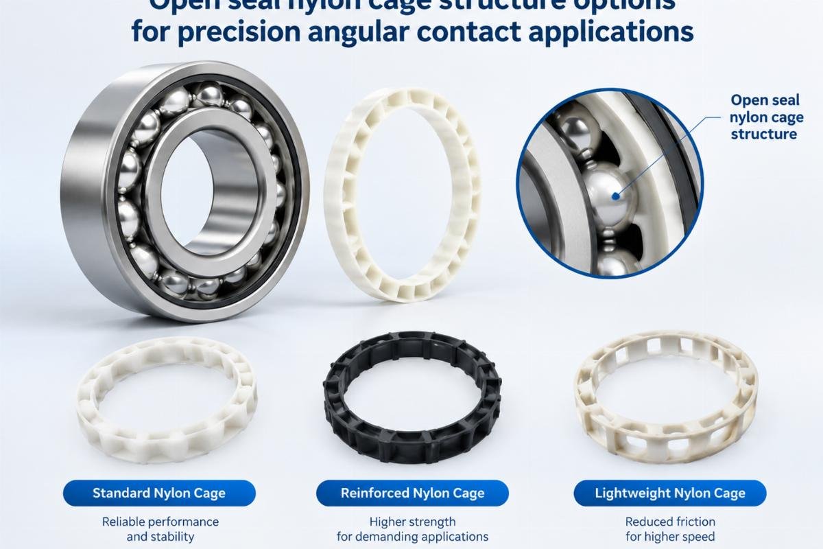 Open seal nylon cage structure options for precision angular contact applications