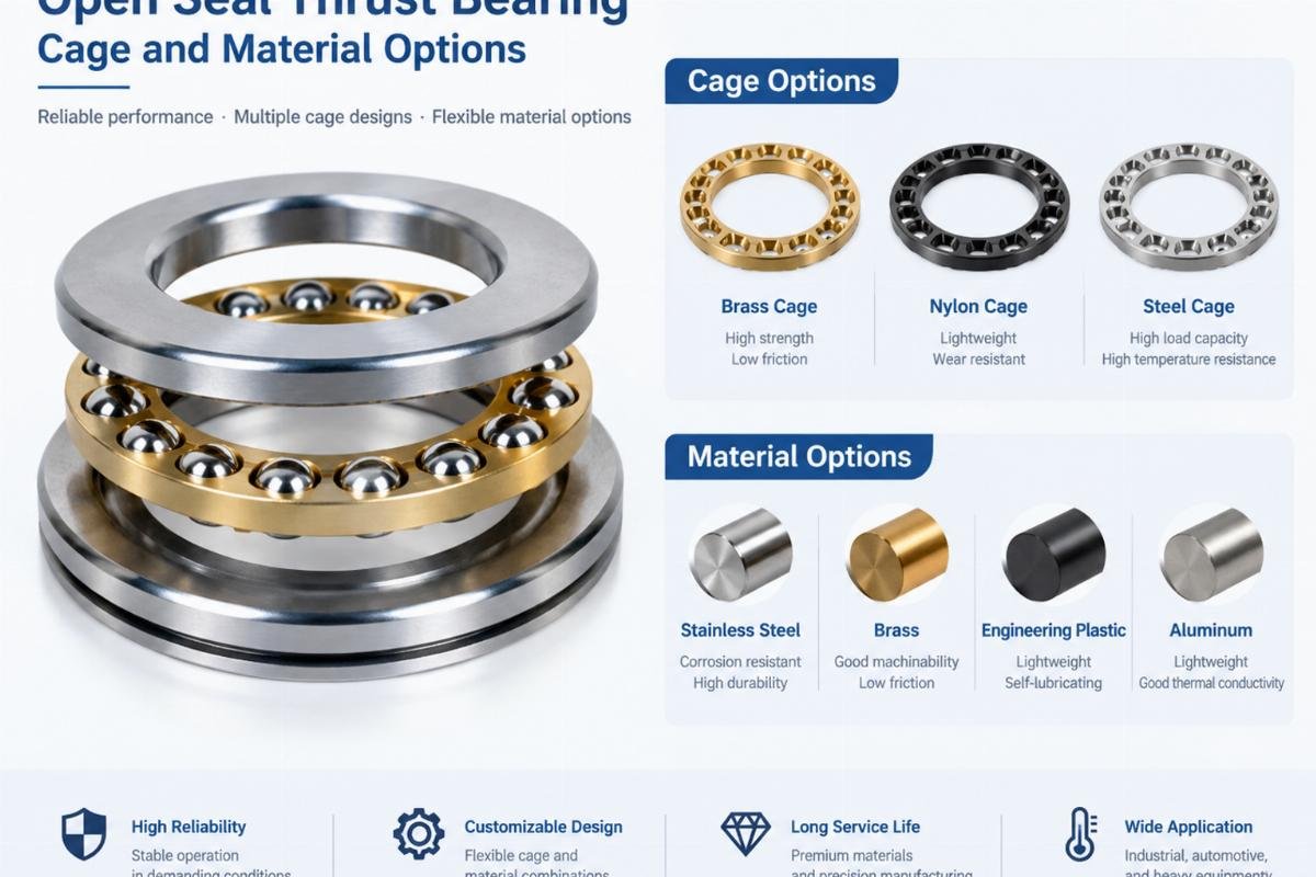 Open seal thrust bearing cage and material options