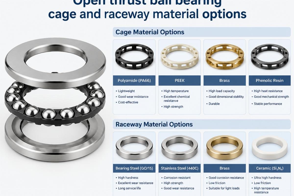 Open thrust ball bearing cage and raceway material options