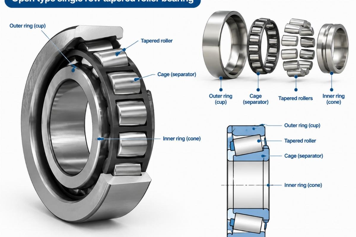 Open type single row tapered roller bearing structure