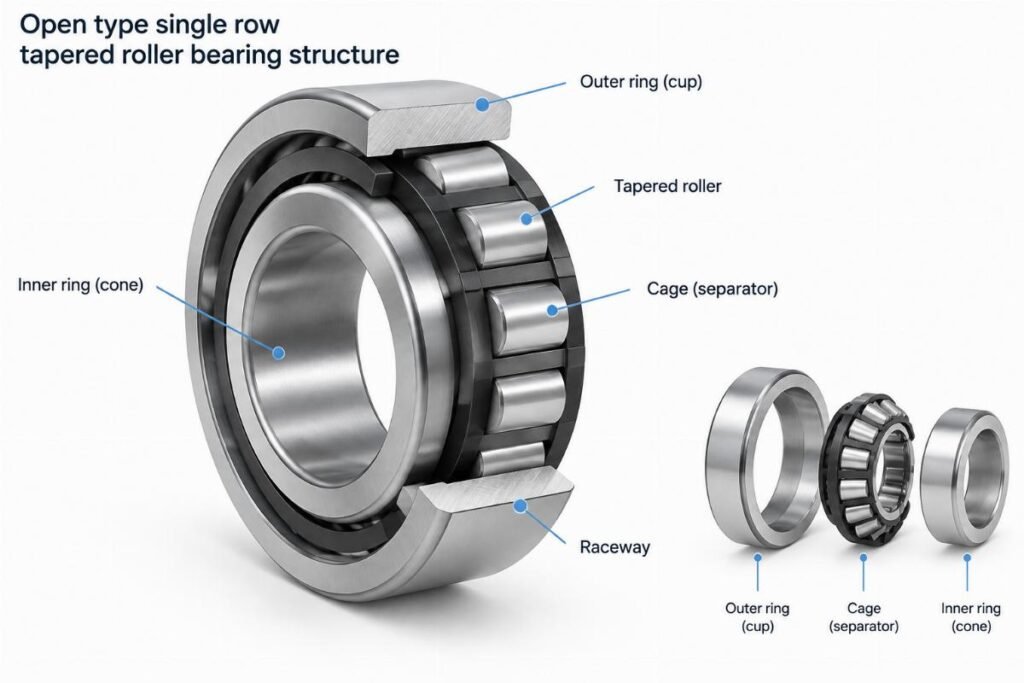 Open type single row tapered roller bearing structure