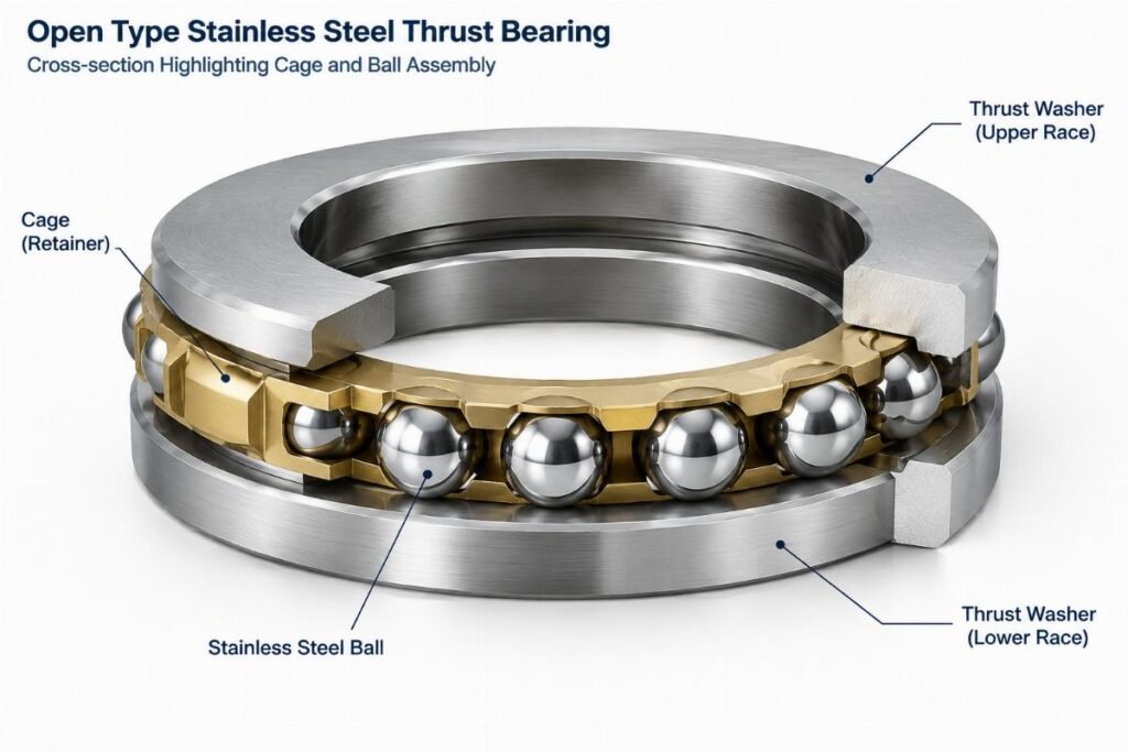 Open type stainless steel thrust bearing cross-section highlighting cage and ball assembly