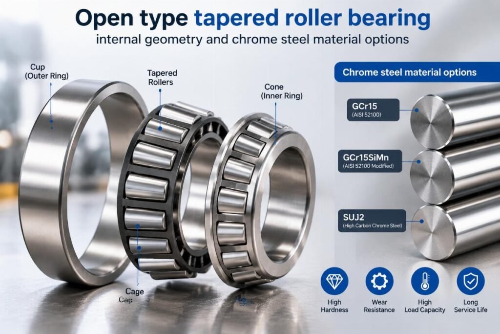 Open type tapered roller bearing internal geometry and chrome steel material options