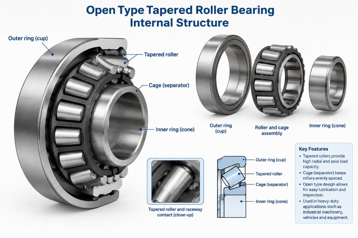 Open type tapered roller bearing internal structure