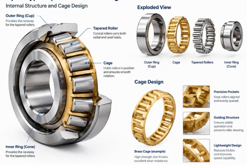 Open type tapered roller bearing internal structure and cage design