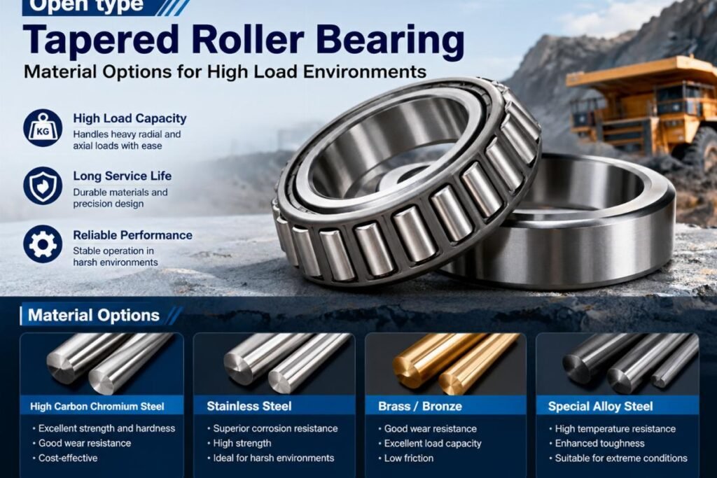 Open type tapered roller bearing material options for high load environments