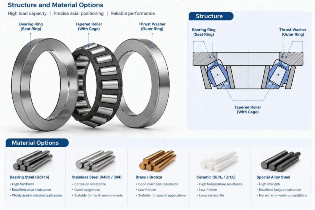Open type tapered roller thrust bearing structure and material options