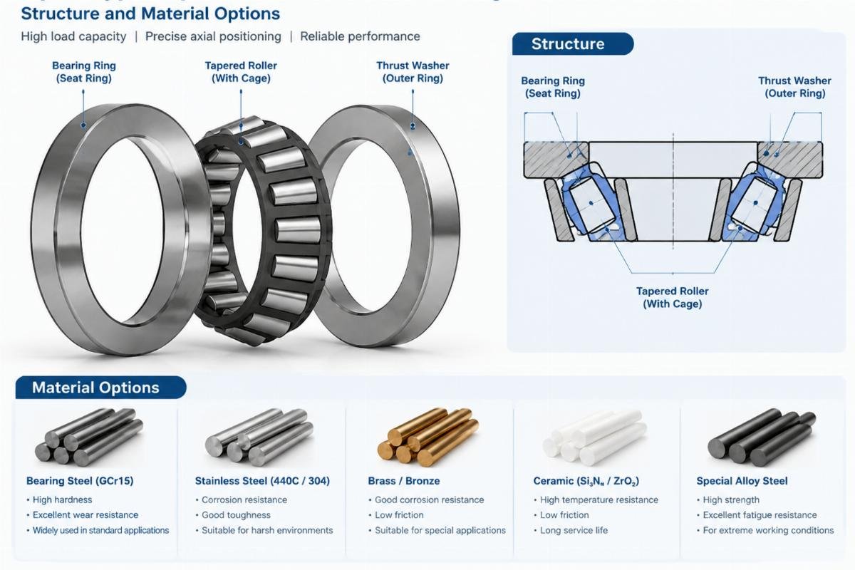 Open type tapered roller thrust bearing structure and material options