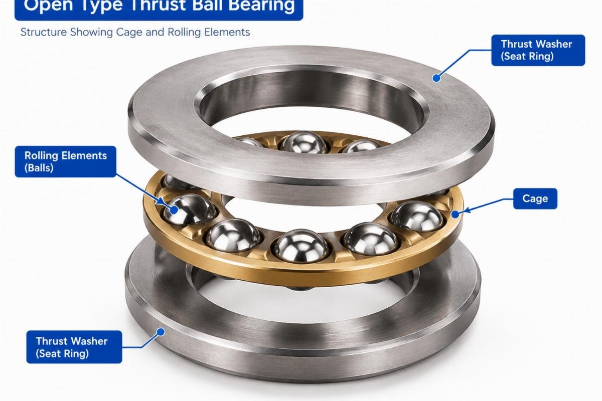 Open type thrust ball bearing structure showing cage and rolling elements
